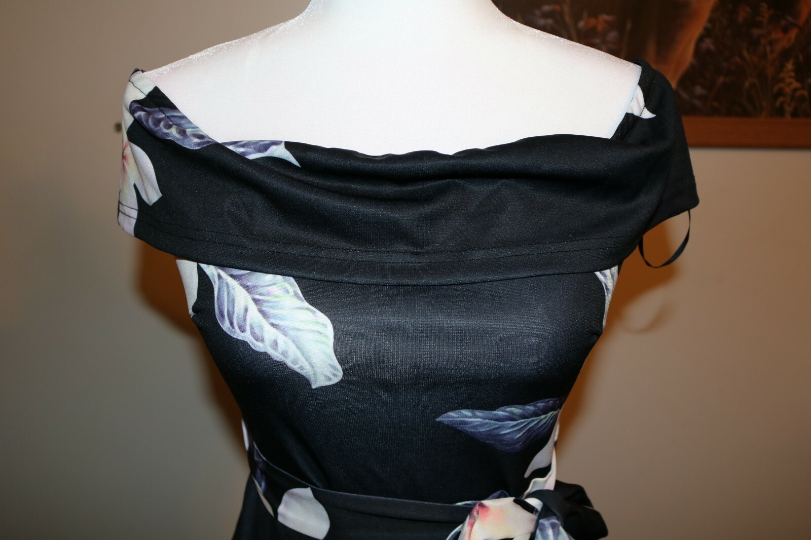 YOINS Black Random Floral Print Off The Shoulder Overlay Bodycon Dress Small 