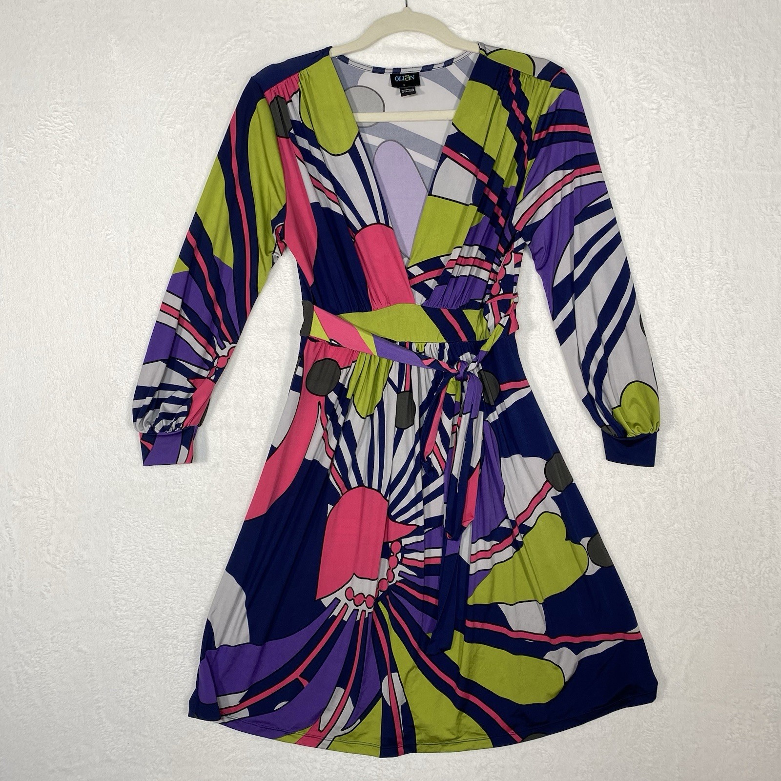 OLIAN Wrap Dress Small S Psychedelic Retro Print Geometric Long Sleeve V-Neck