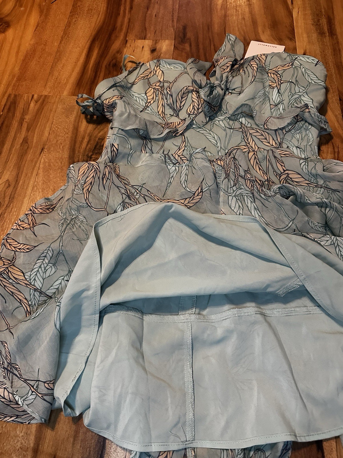 Hello Molly NWT Mint Leaf Print Ruffle Mini Dress Tie Strap Fit & Flare US 6