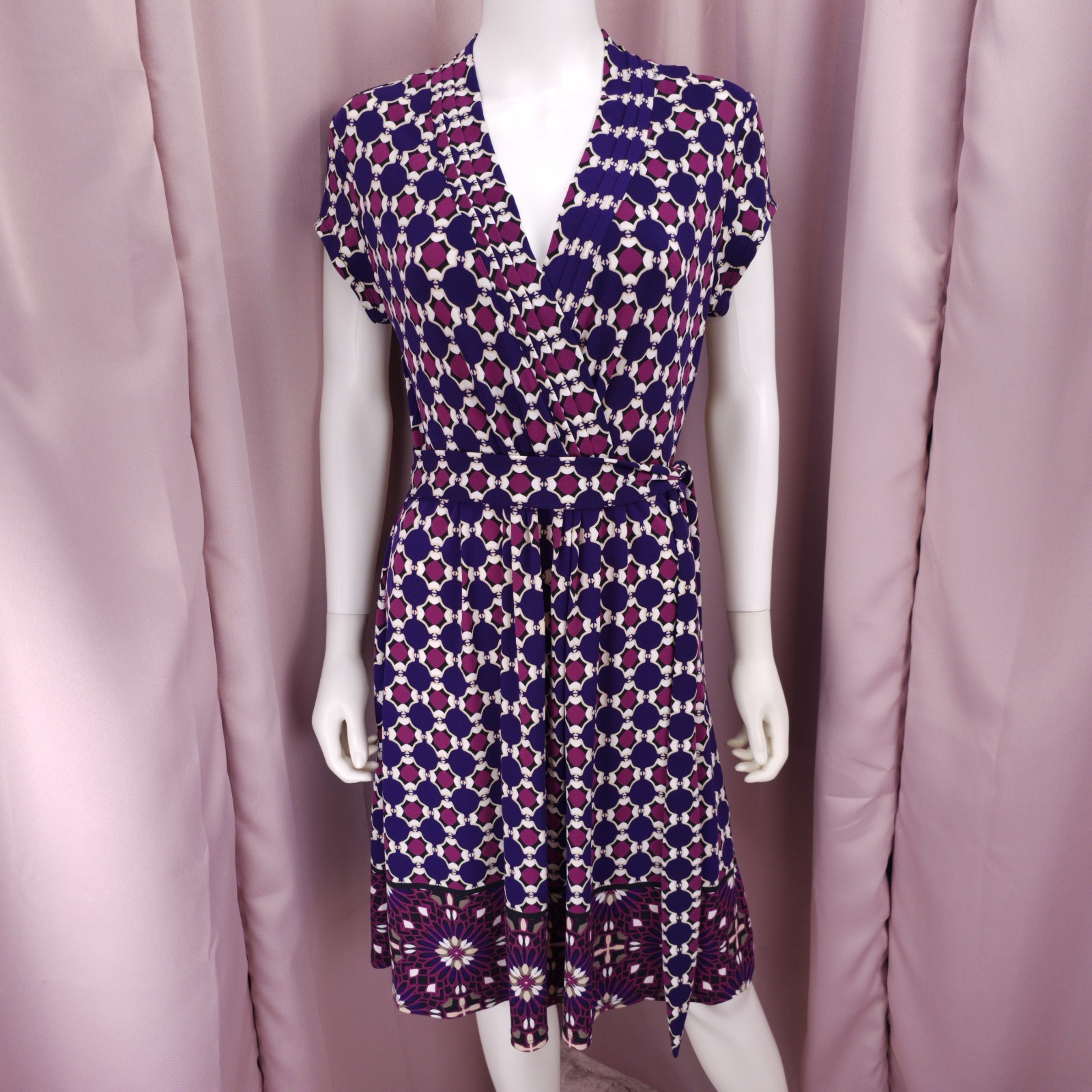 Liz Claiborne Women’s Geometric V-Neck Belted Faux Wrap A-Line Dress Medium