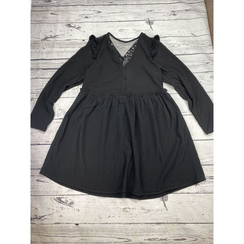 ANDREE BY UNIT Black Lace Trim Ruffle V Neck Long Sleeve Fit Flare Dress Size S