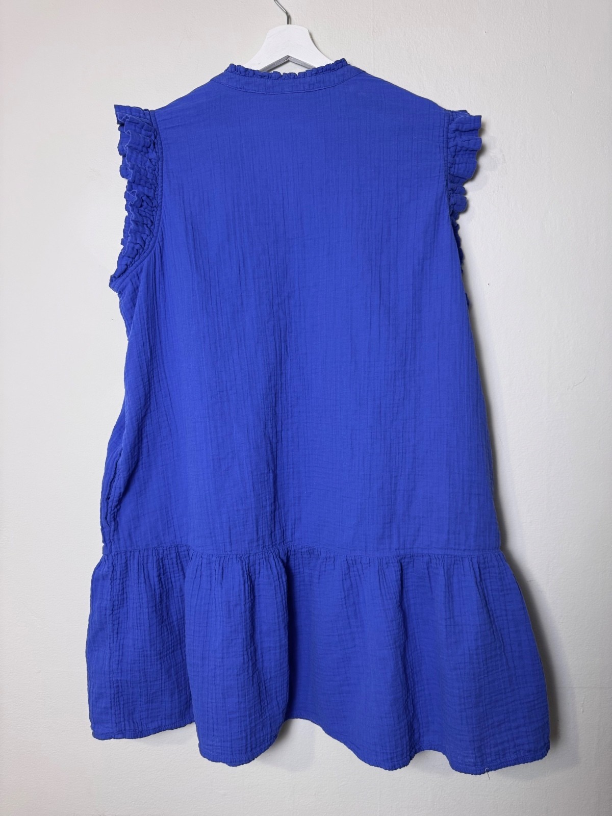 Boden Daisy Double gauze dress blue sleeveless ruffled drop waist size L/XL