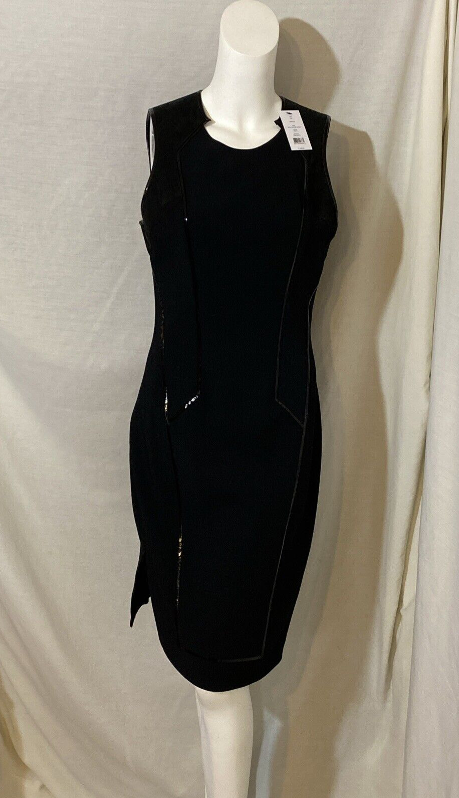 Helmut Lang Black Leather Panel Sleeveless Asymmetric Hem Sheath Dress Size 10