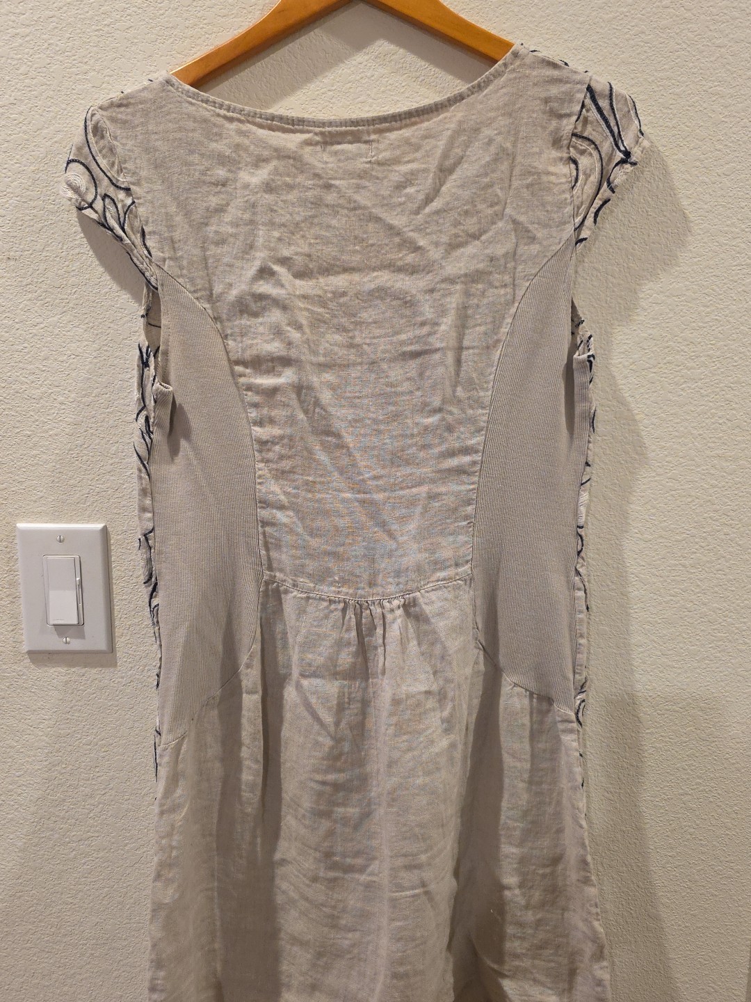 Lina Tomei Tan Navy Embroidered 100%Linen Dress Euro Summer Stretch Panels sz M