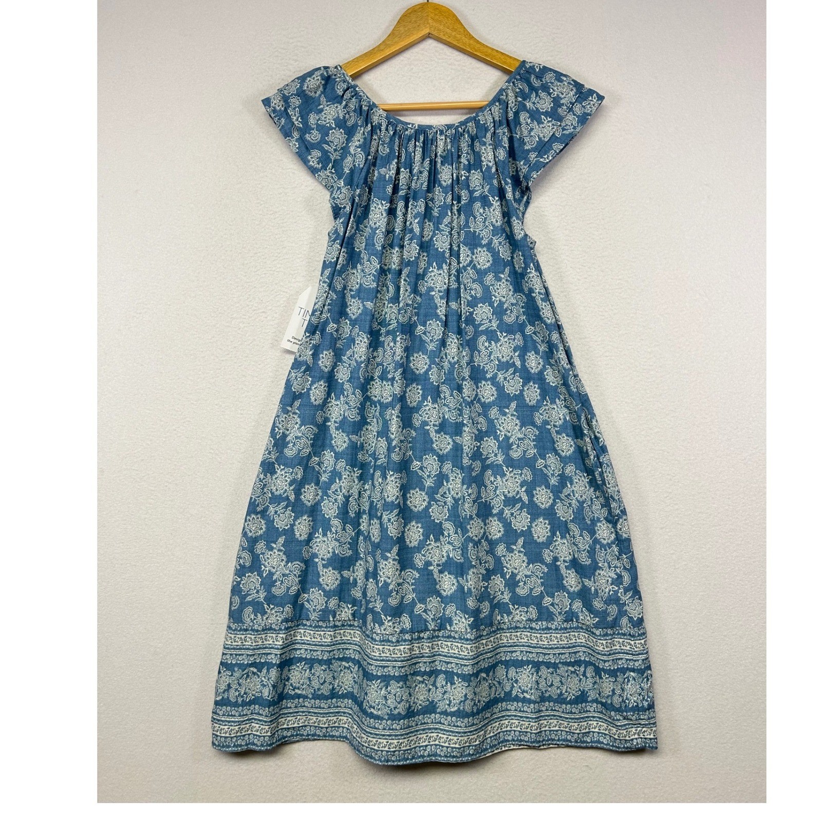Boho Cottagecore Time and Tru Women XS Blue Floral Cap Sleeve Pocket Shift Dress