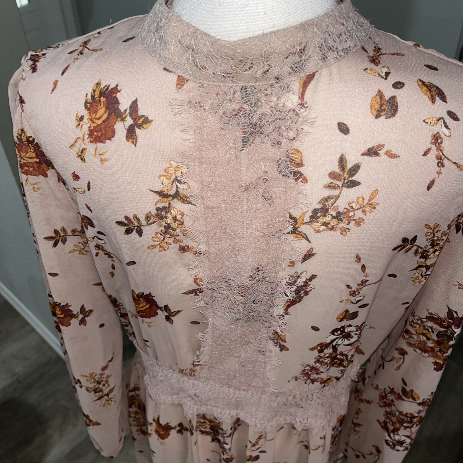 Bohemian Pink Floral Sheer Illusion Overlay Dress Cottage Core High Neck Sz L