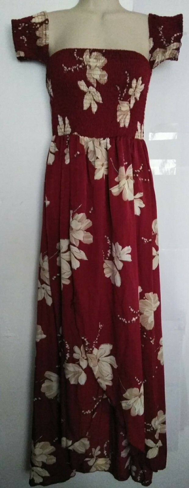 Pretty Burgundy* Cream Floral Off Shoulder Elastic Waist High Low Maxi M