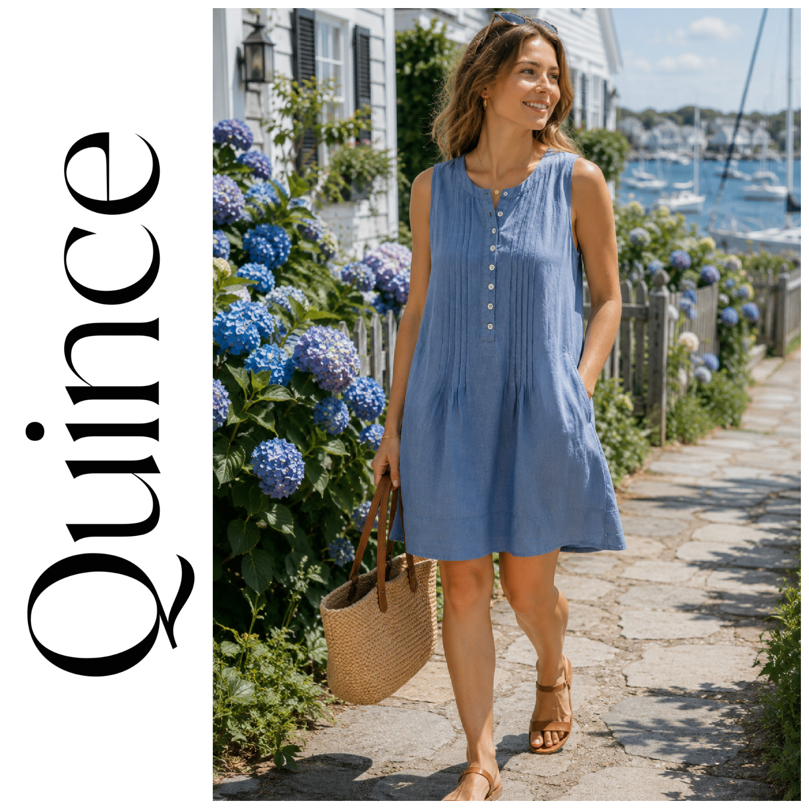 Quince 100% European Linen Moonstone Blue Sleeveless Swing Dress Pockets Sz XS