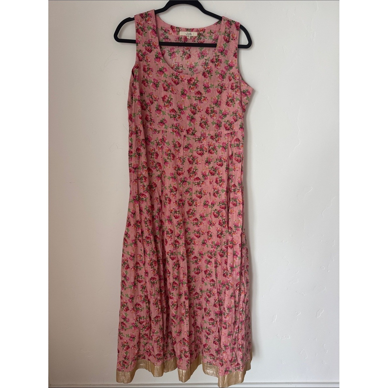Värk Pink Floral Maxi Dress Cottagecore Prairie Gold Hem Sleeveless A-Line L