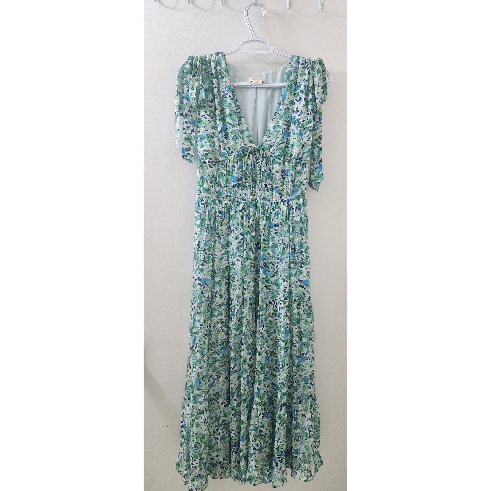Shoshanna Green Blue Floral Tiered Maxi Dress V-Neck Tie Shoulder 5449164 4