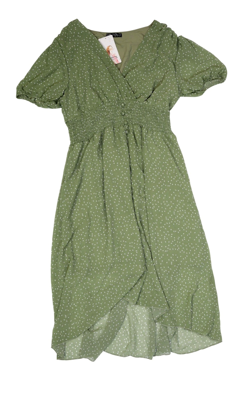 PRETTYGARDEN Dress Womens L Green Polka Dot V Neck Smocked Hi Low Sundress