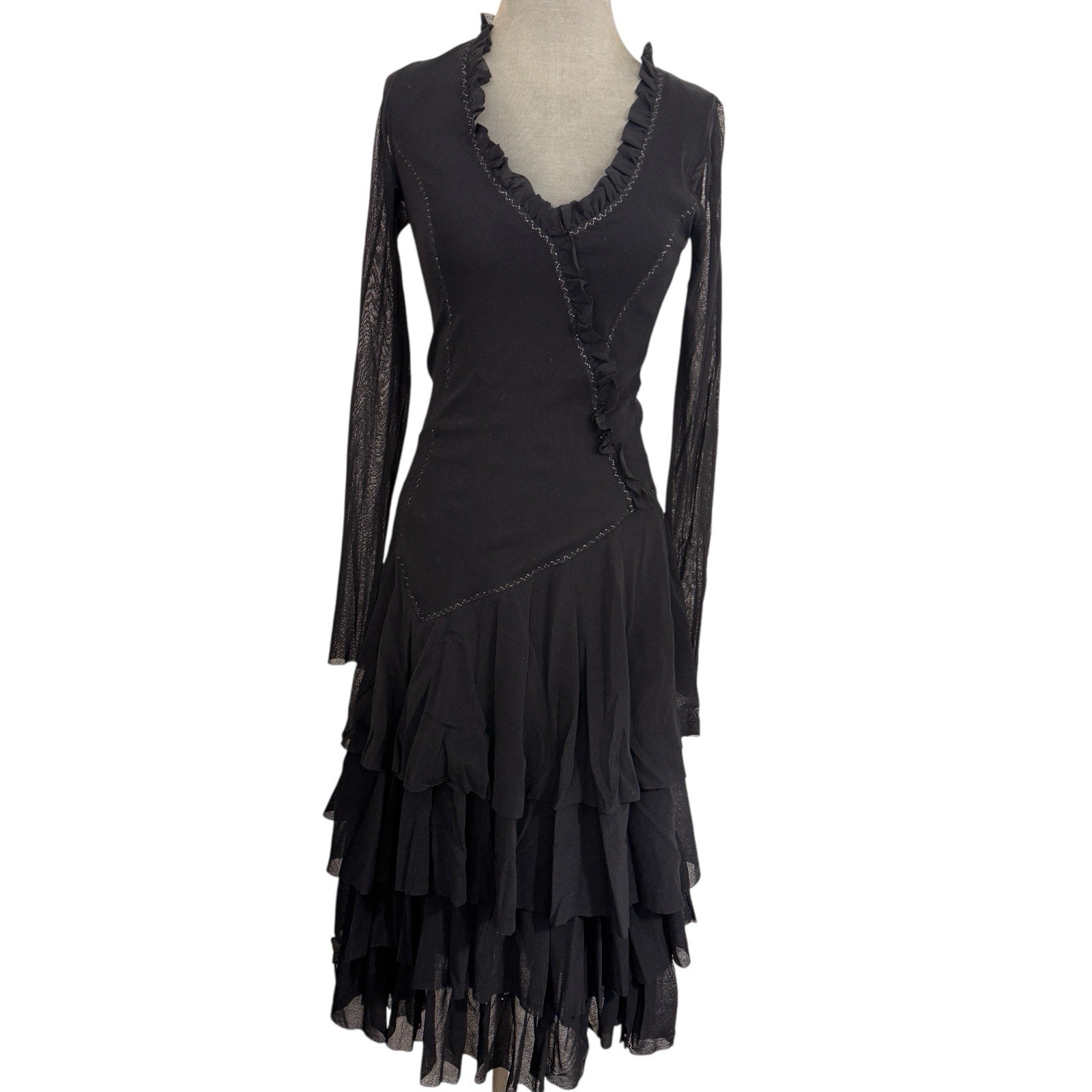 FUZZI Whimsigoth Tiered Dress Sz M Italy Black Mesh Fit Flare Layered Witchy