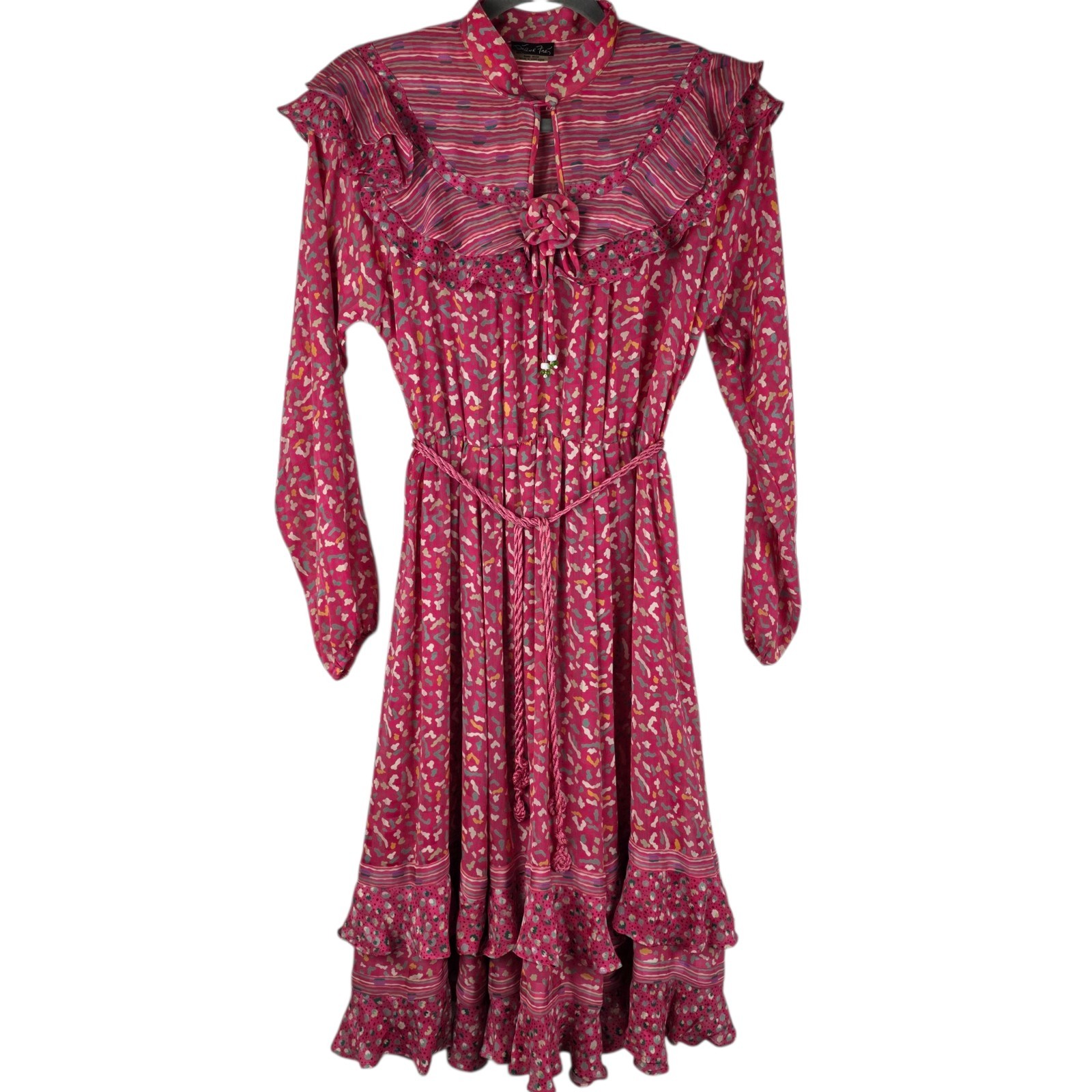 VTG Diane Freis Pink Boho Prairie Dress Ruffle Tiered Sheer Georgette M/L Dainty