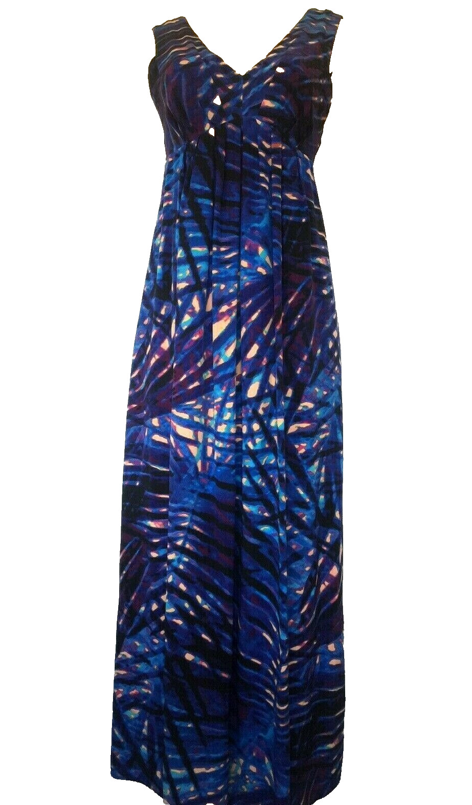 PRESLEY SKYE Print Silk Maxi Dress Blue Empire Waist Pleated Sleeveless S Lined