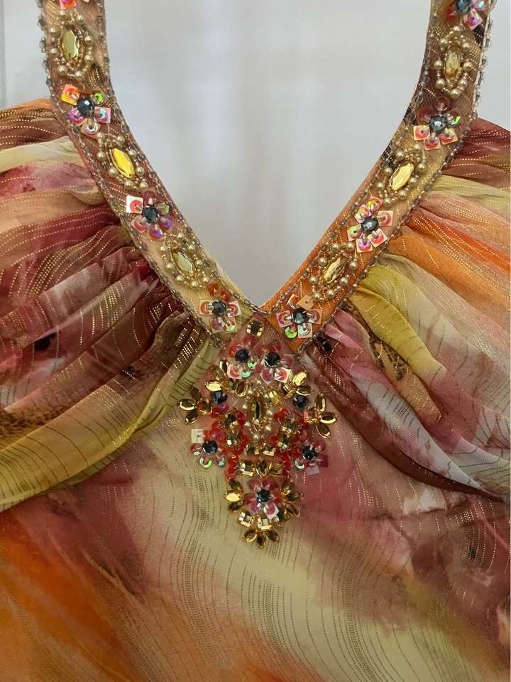 Orange Abstract Print Beaded Halter Gown