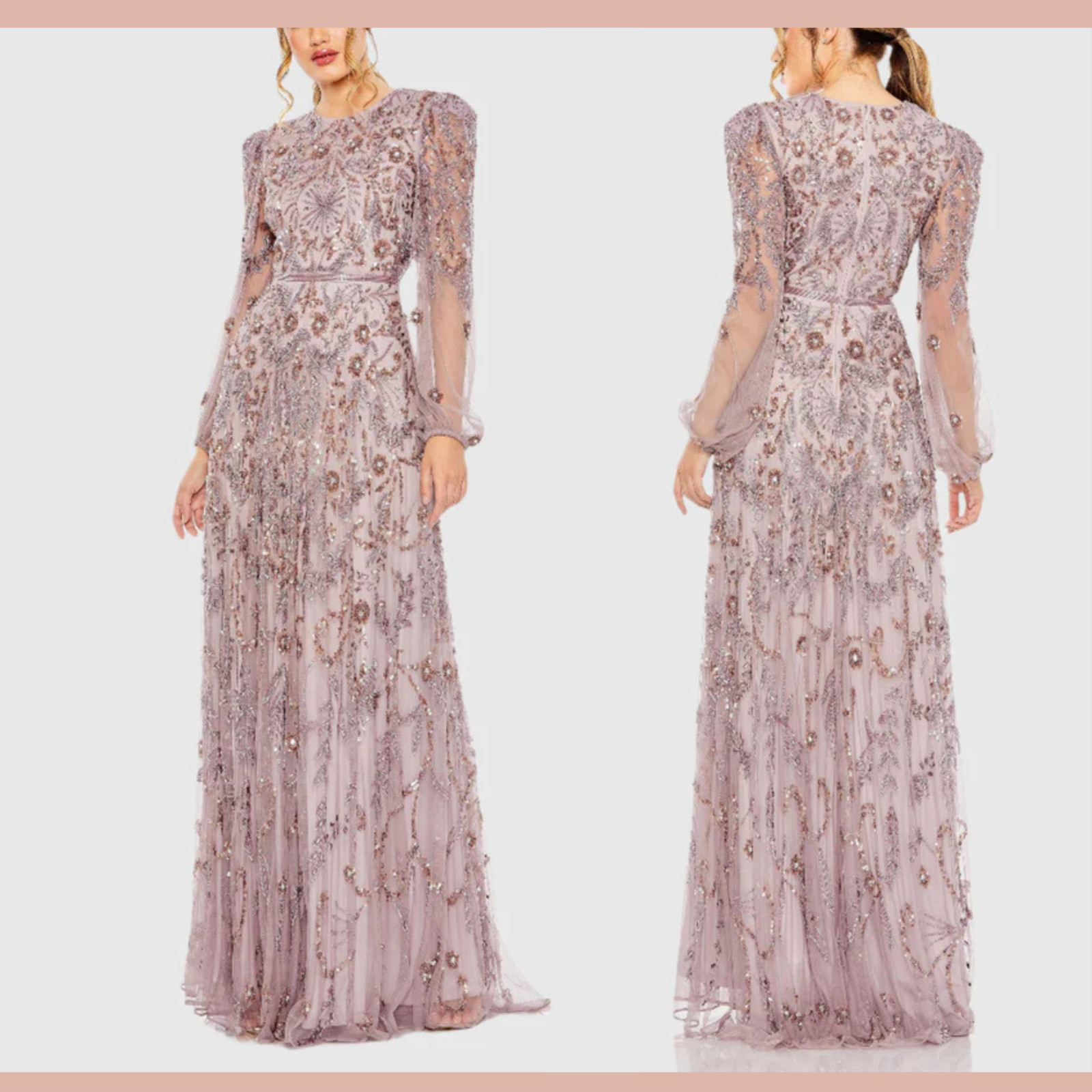 NWT MAC DUGGAL [ 10 ] 93930 Puff Sleeve Embellished A Line Gown Heather J1968