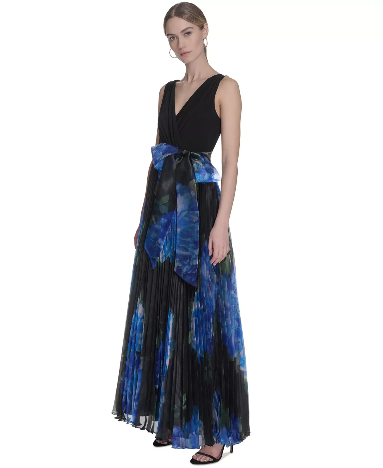 Eliza J Petite Mixed-Media V-Neck Sleeveless Pleated Gown – Black/Blue Size 14P