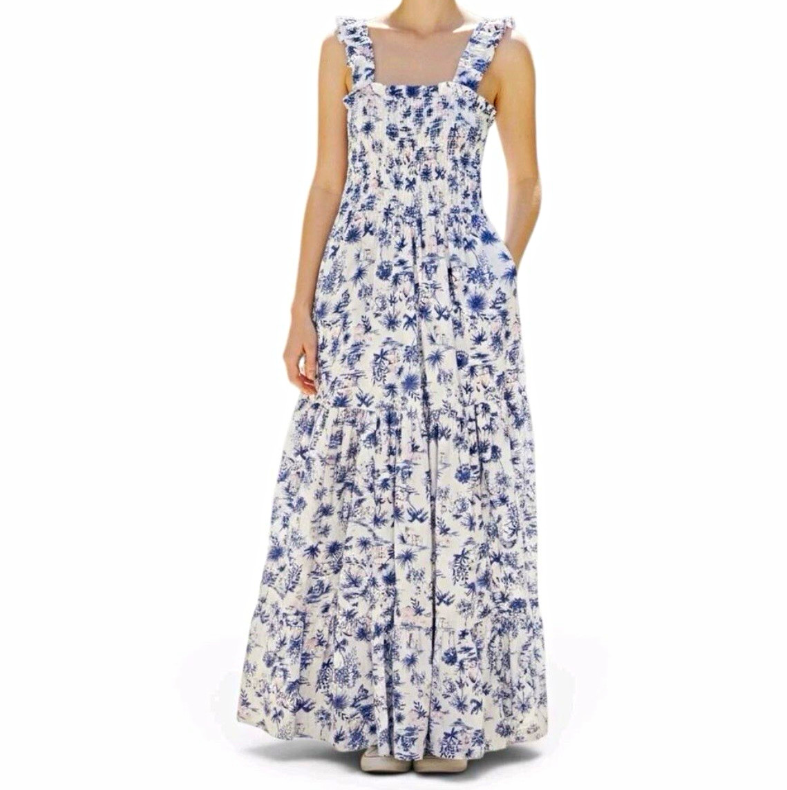 Abercrombie & Fitch Smocked Tiered Maxi Dress | Blue & White Palm Print | XS