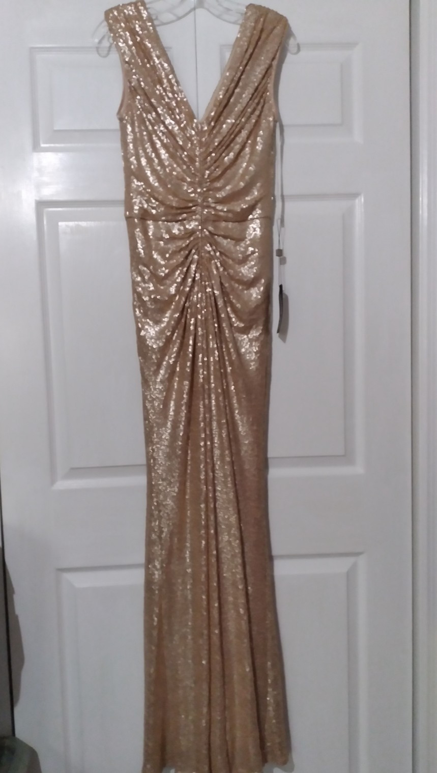 NWT Tadashi Shoji Champagne Lace Sequin Sleeveless Ruched Long Gown Dress MEDIUM