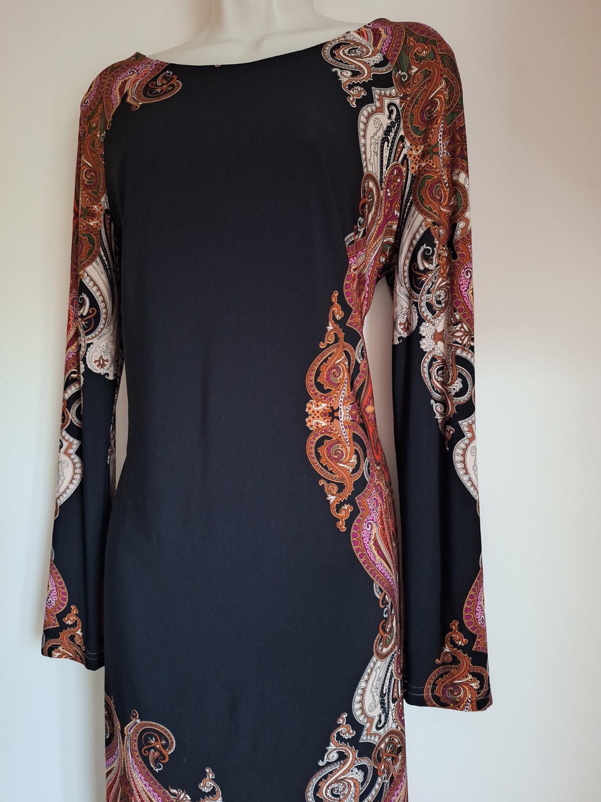 Joseph Ribkoff Paisley Print Black Orange Purple Sheath Dress UK 14 EU 42 USA 10