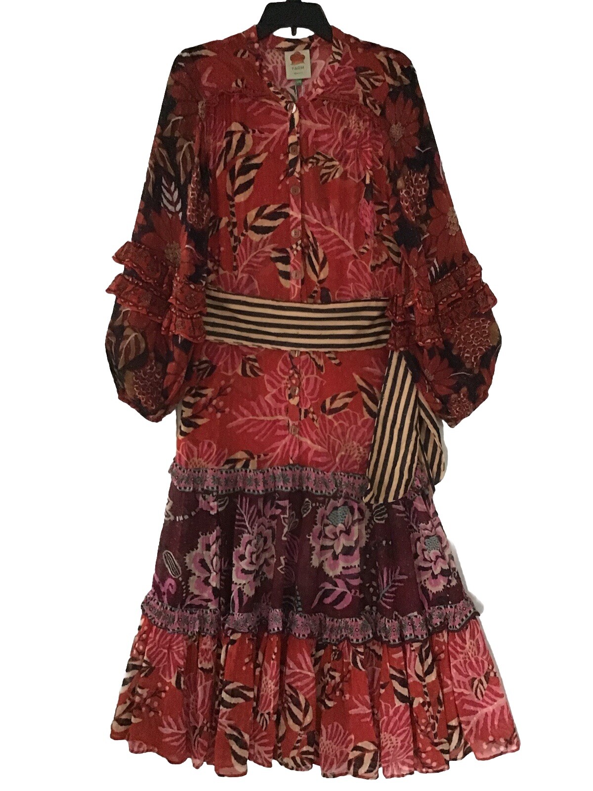 FARM RIO CHIFFON MULTI MIX LONG SLEEVE V NECK MAXI DRESS XS REG $315 NWT