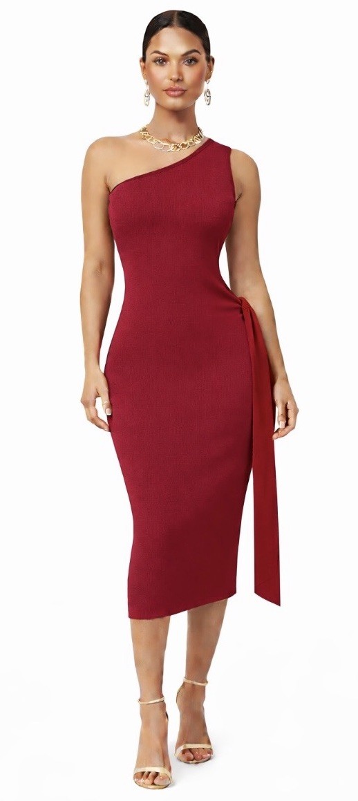 One Shoulder Bodycon Midi Dress Draped Side Tie Detail Stretch Wine Women S