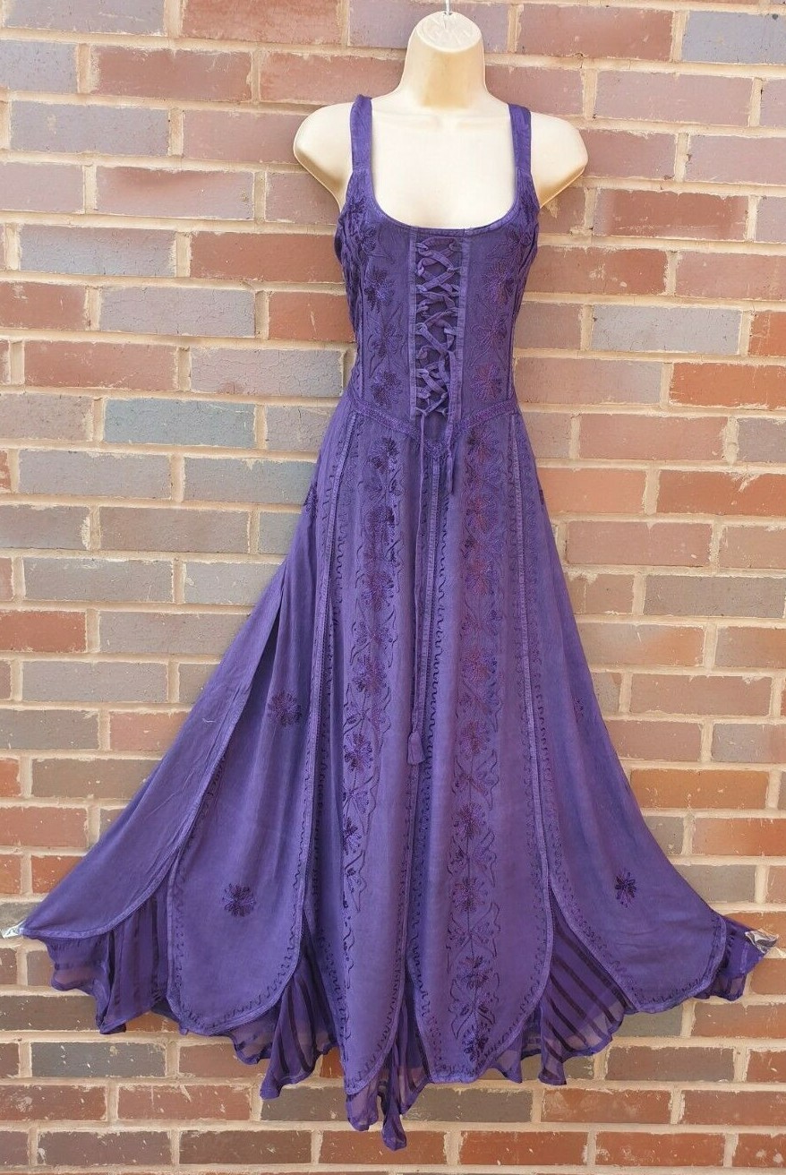Maxi Summer Dress Corset Pagan Embroidered Purple Size 10 12 14 16 18 20 22 24
