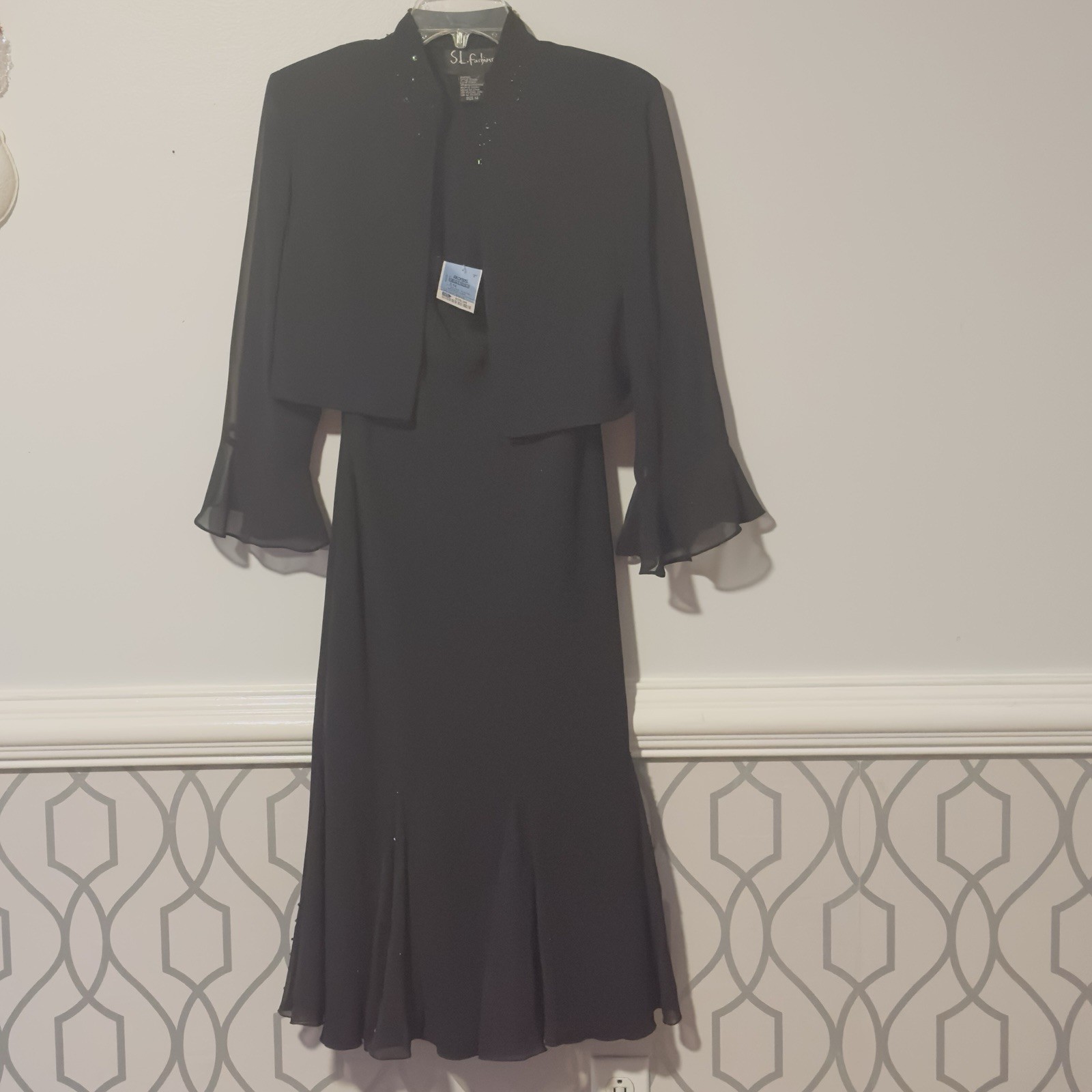 S L Fashion Woman’s 2 PC Black Cocktail Evening Dress W Bolero Jacket Opaque NWT