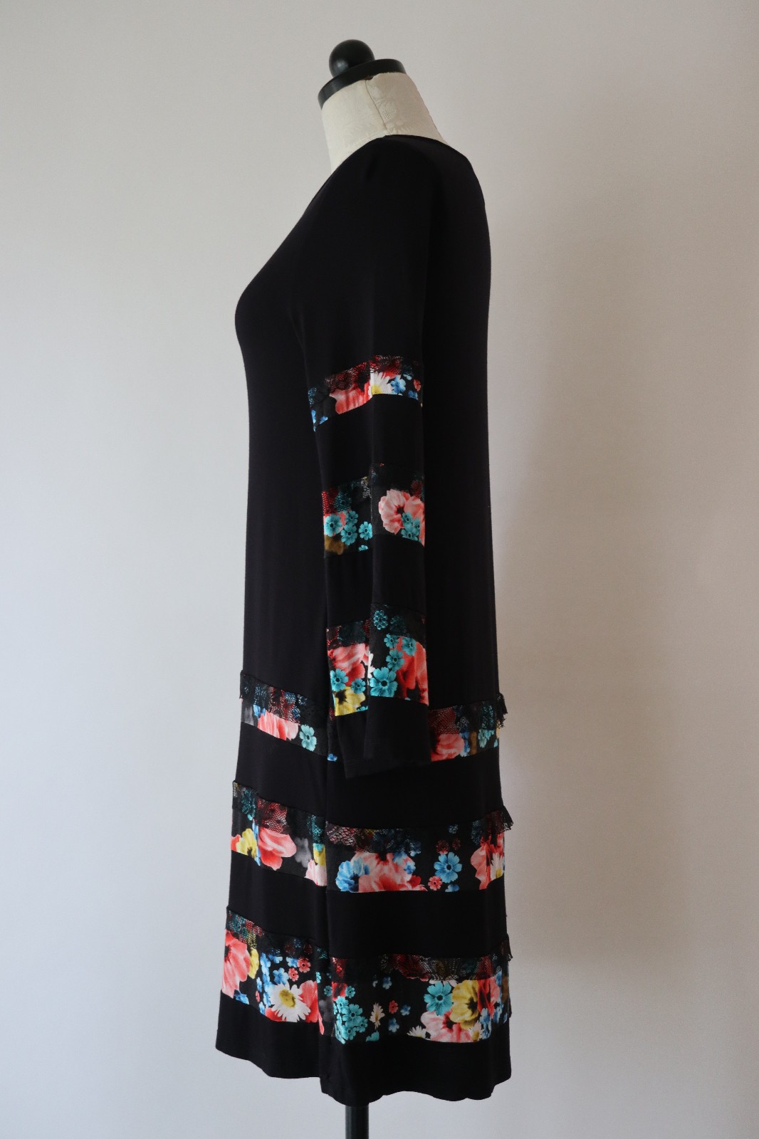 Desigual Black Jersey Colorful Floral Stripes Lace Ruffles Tshirt Dress Women L