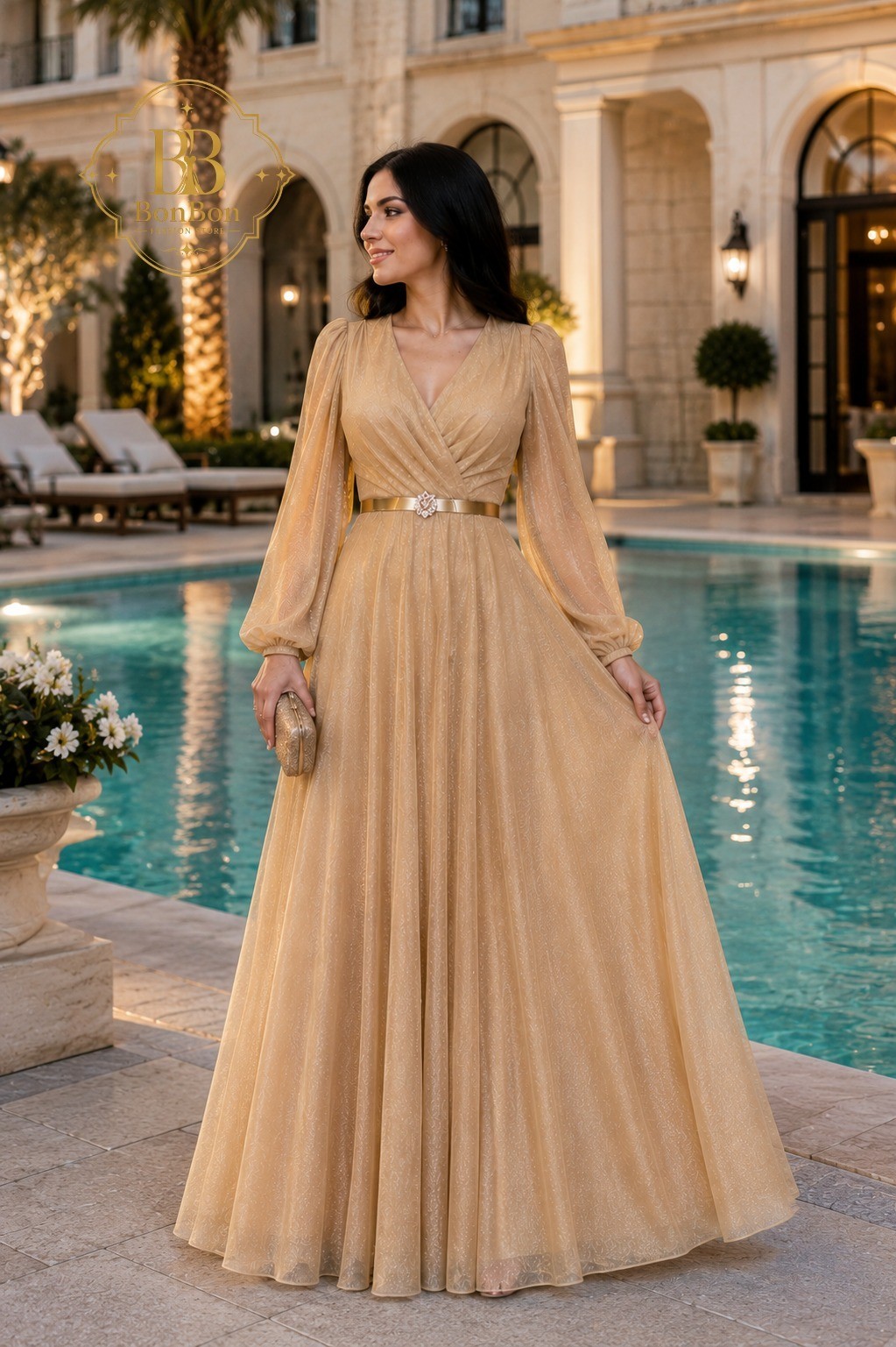 Champagne Gold belted Maxi Evening Dress Elegant Long Sleeve Formal Women’s Gown