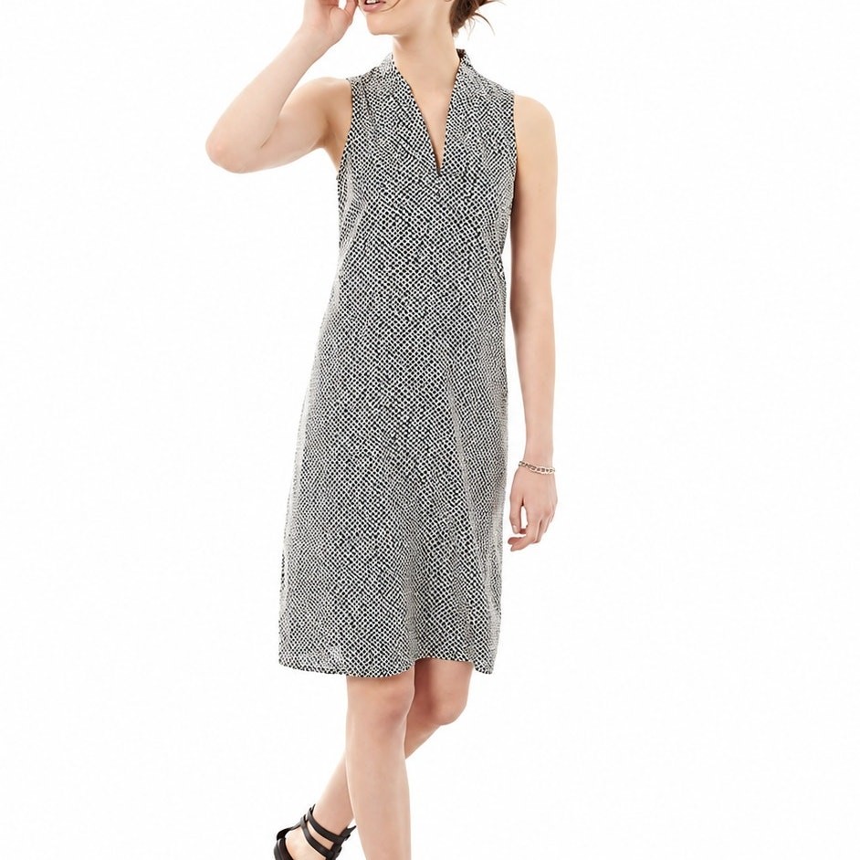 Eileen Fisher Organic Cotton Shift Dress Womens M Black Tan Dot Sleeveless