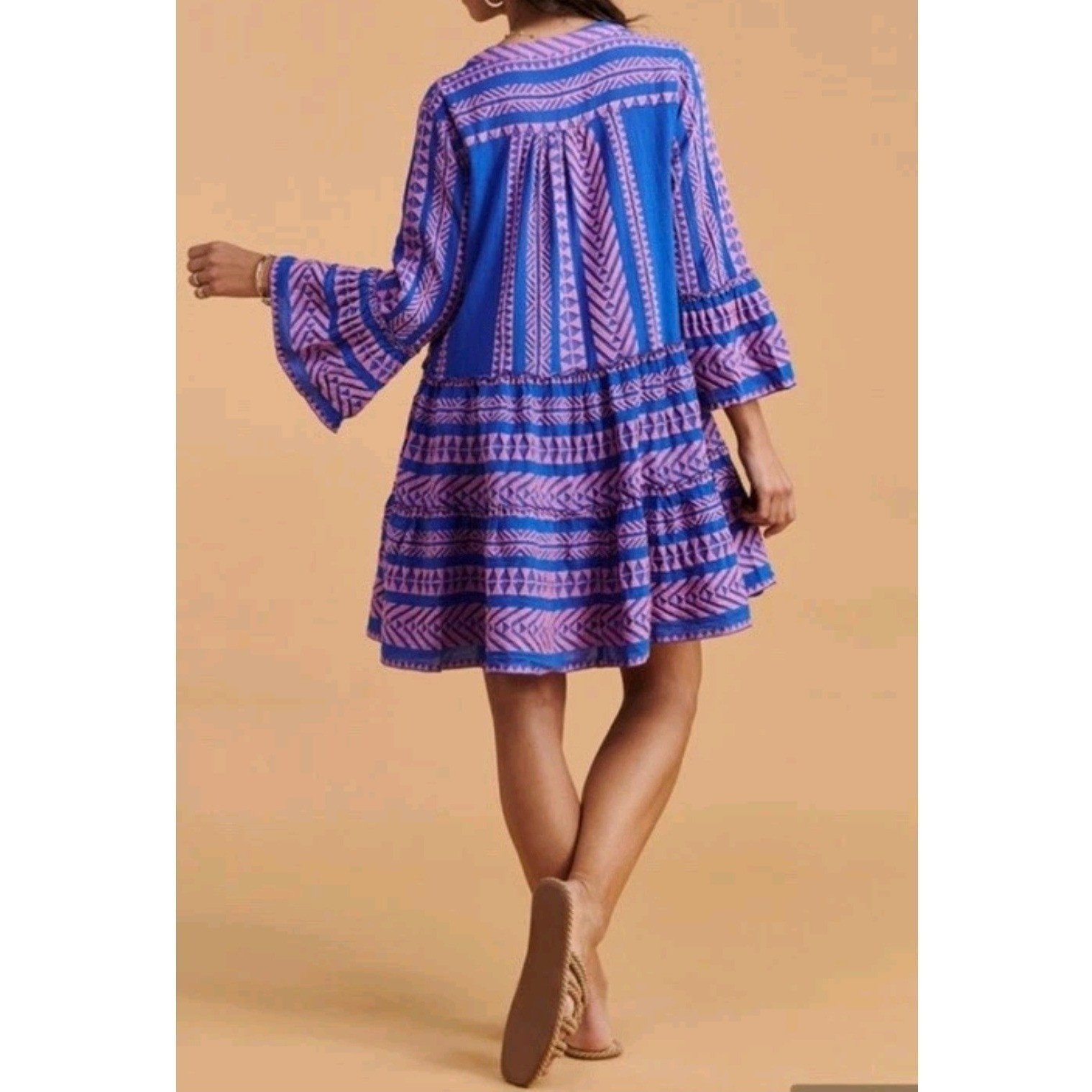Devotion Twins Anthro Blue Pink Geometric Woven Tier Bell Sleeve Mini Dress Sz S