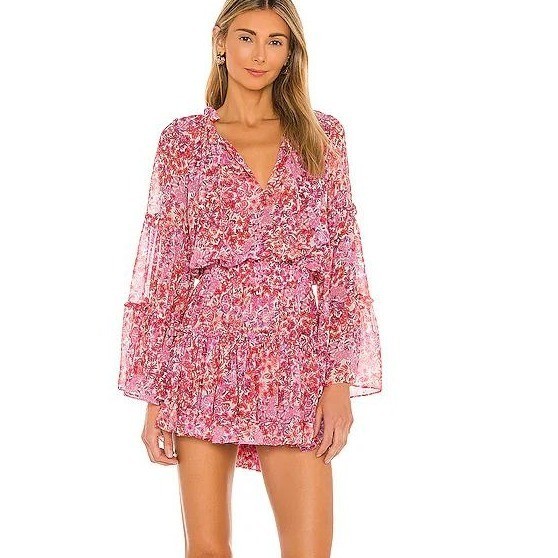 MISA Los Angeles Leeva Dress Medium Pink Floral Chiffon Garden Wedding NWOT