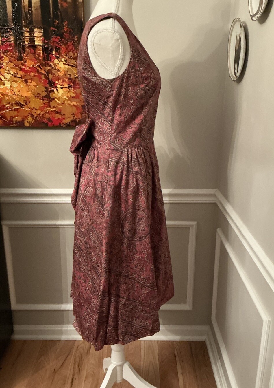 Peruvian Connection Dress Red Brown Pattern Midi Size Small Tie Bow Sash Cotton