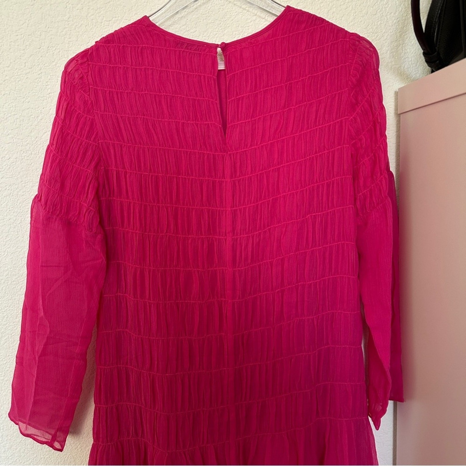 AYR The Something Special Silk Dress Pink Crinkle Flowy Smocked Ruched Sheer XS