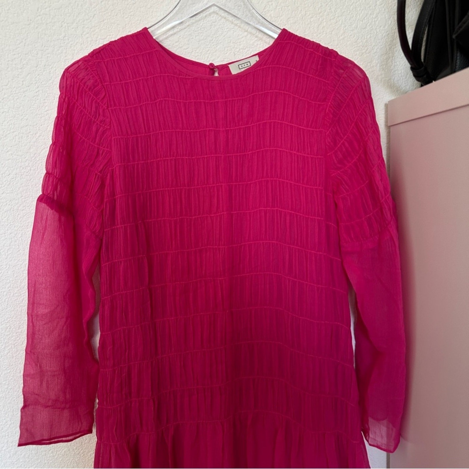 AYR The Something Special Silk Dress Pink Crinkle Flowy Smocked Ruched Sheer XS