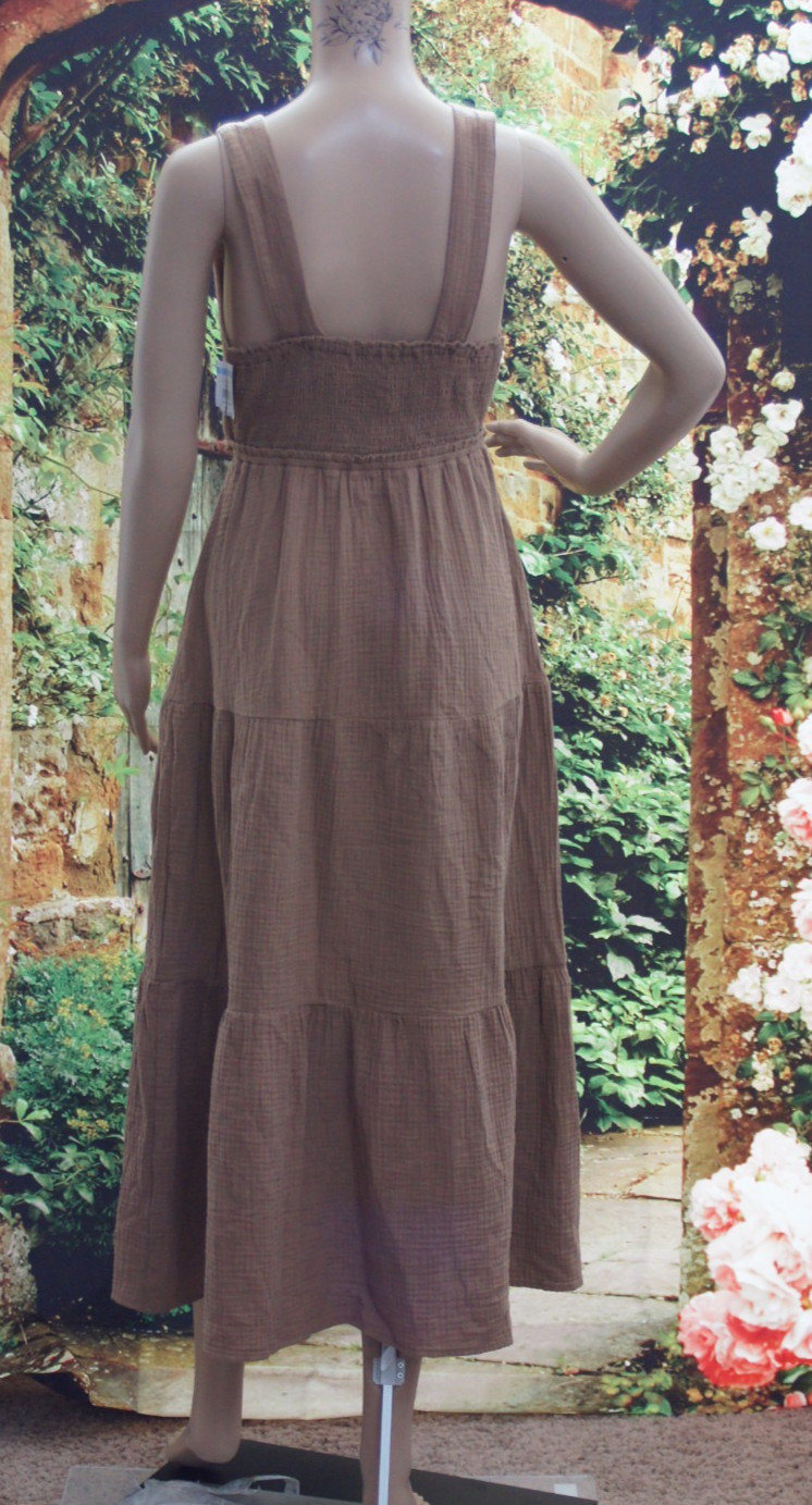 Steve Madden Amira Tiered Cotton Midi Dress Gauze Smocked Brown Tan Toast Size S