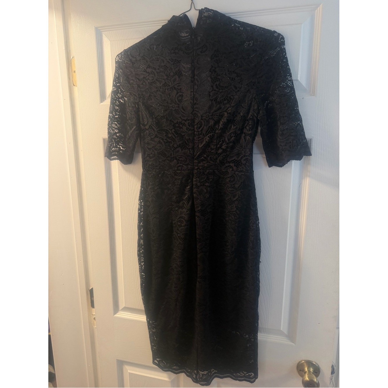 Express Black Lace Midi Sheath Dress High Neck Half Sleeve Lined Size 6