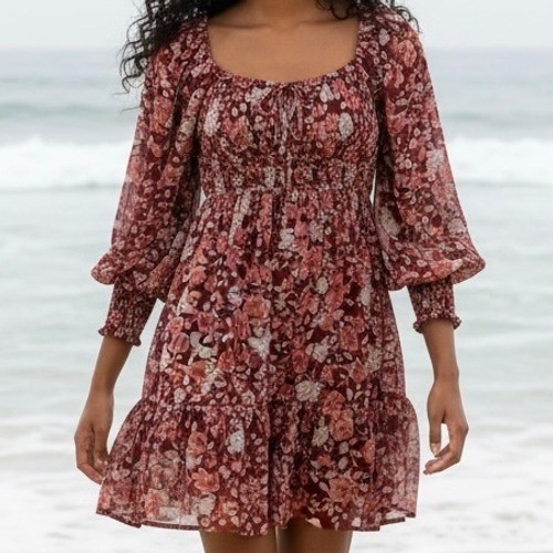 Burgundy Floral Smocked Tiered Midi Dress Sz L Boho Prairie Peasant Whimsigoth