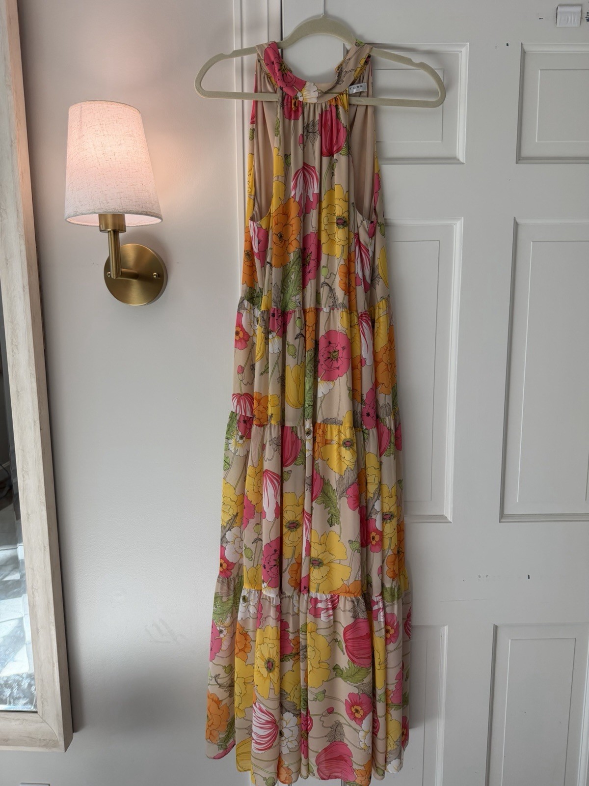 Trina Turk Floral Halter Maxi Dress Size 8 Pink Yellow Beige Sleeveless Resort