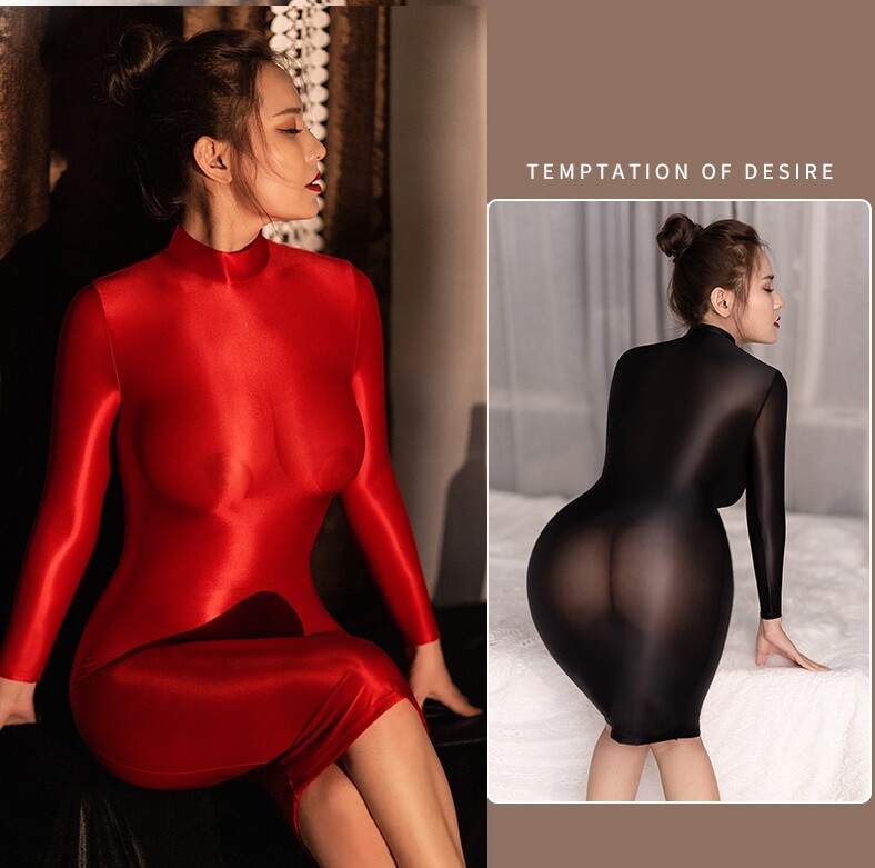 Women’s Wet Look Satin Bodycon Long Sleeve Cocktail Tight Dress Shiny Clubwear