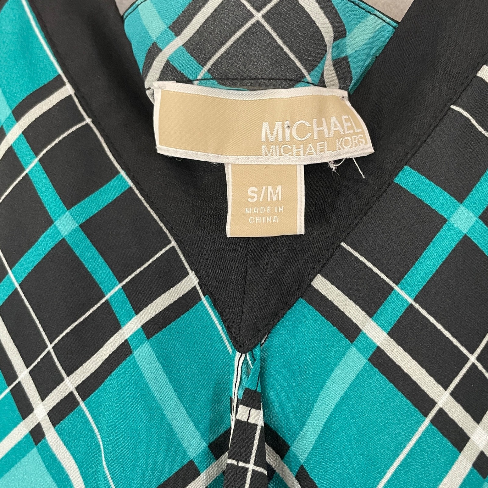 MICHAEL Michael Kors Teal Black Plaid Scarf Print Handkerchief Maxi Dress S/M