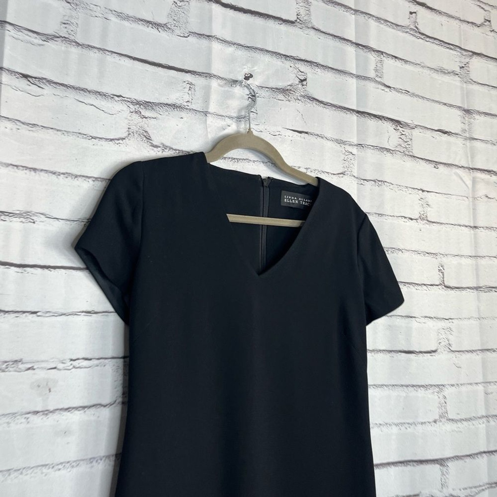 Linda Allard Ellen Tracy Black V-Neck Midi Dress Zip Back Elegant Flowy M Casual