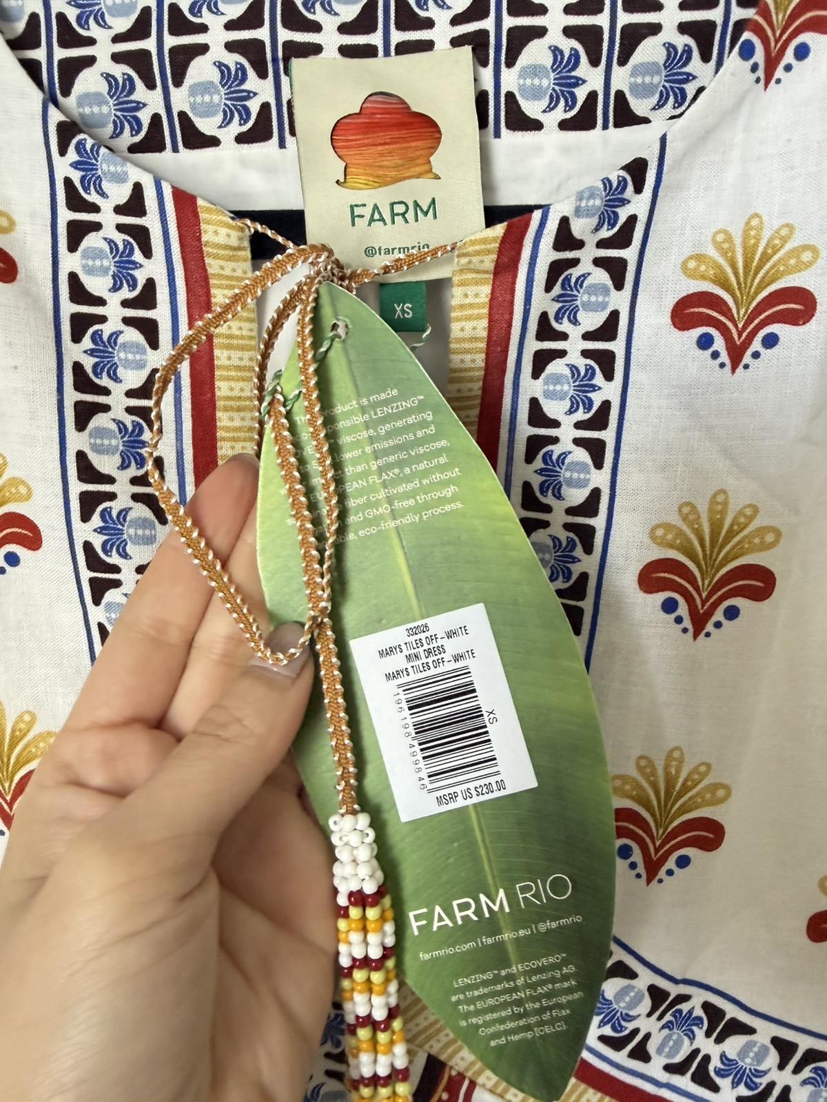 Farm Rio Off-White Marys Tiles Lenzing Ecovero Euroflax Mini Dress Size Small