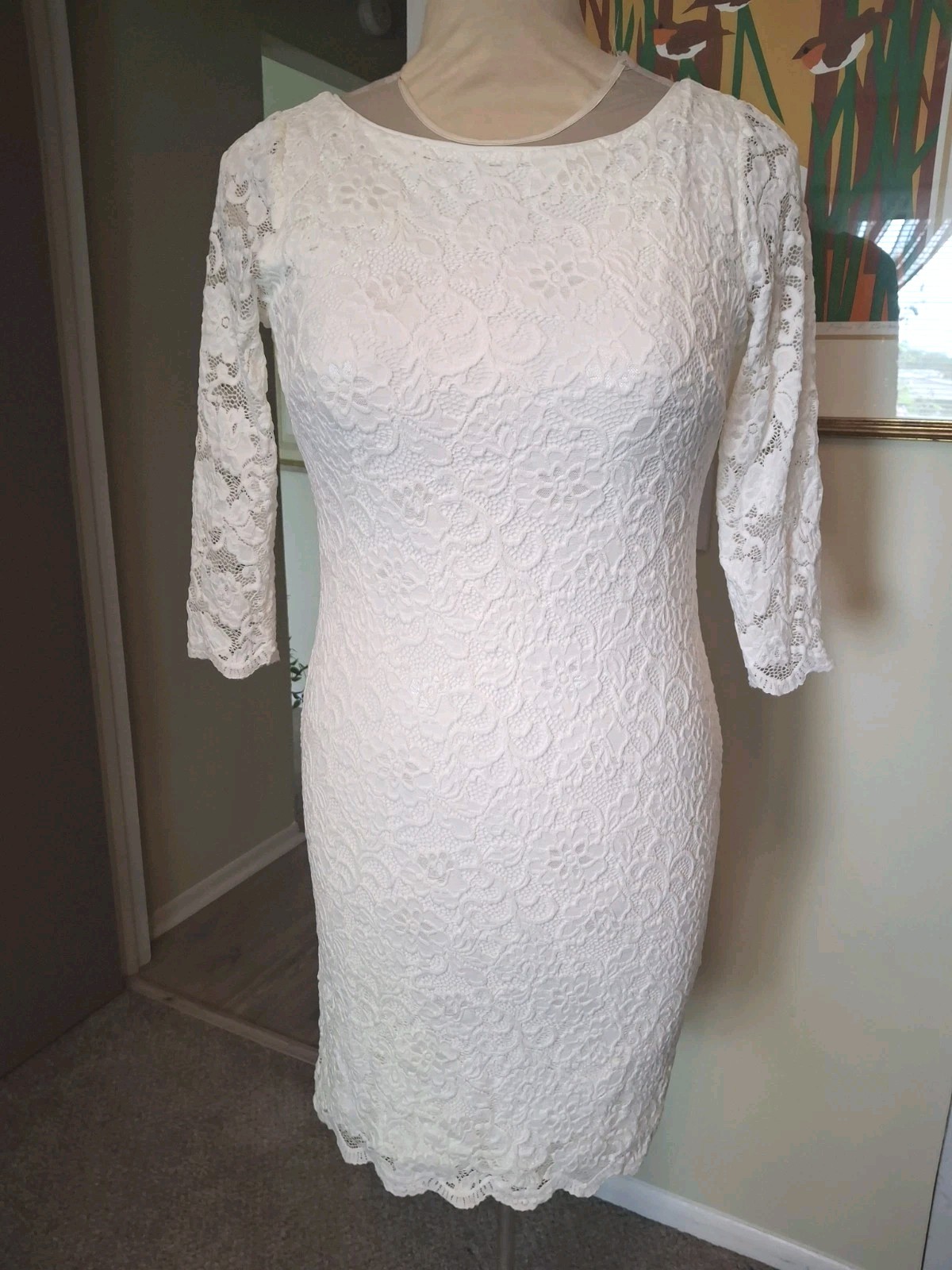White House Black Market Ivory Stretch Lace Sheath Dress Women’s Medium New $150
