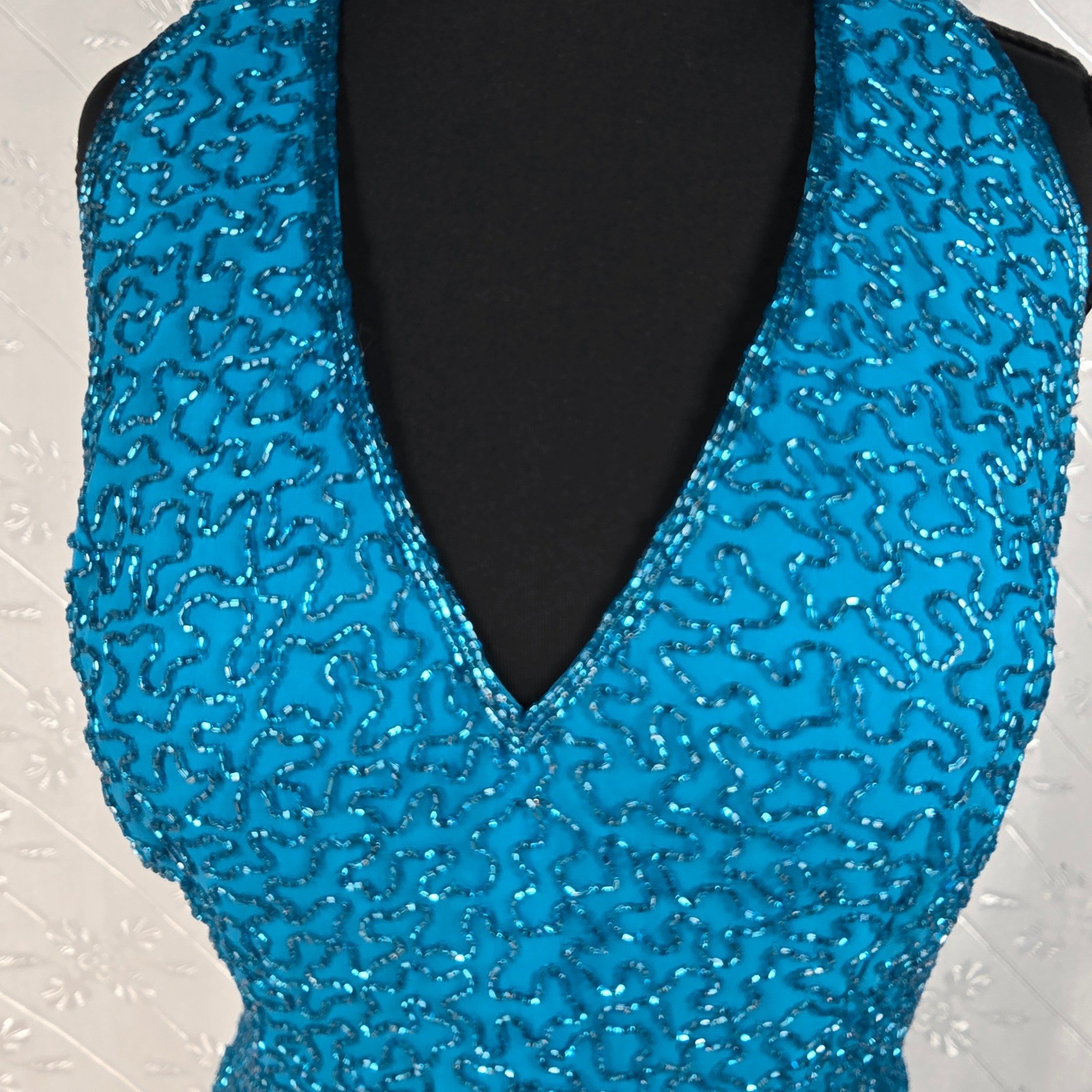 Sean X-Press Teal Blue Beaded Silk Halter V-Neck Maxi Evening Gown Dress Large