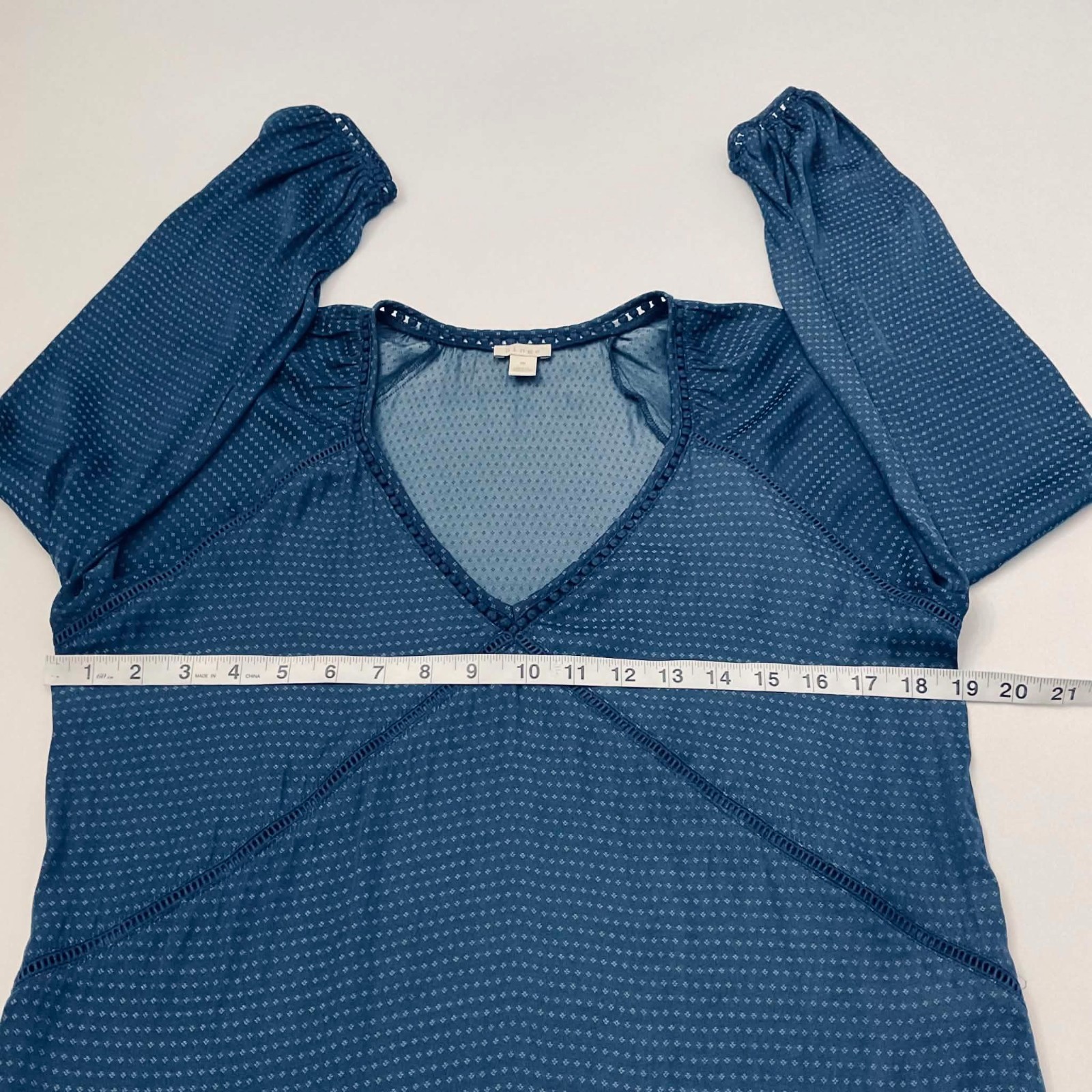 Hinge Teal Blue Dobby Dot V-Neck Long Sleeve Tunic Mini Dress Women Size M Boho