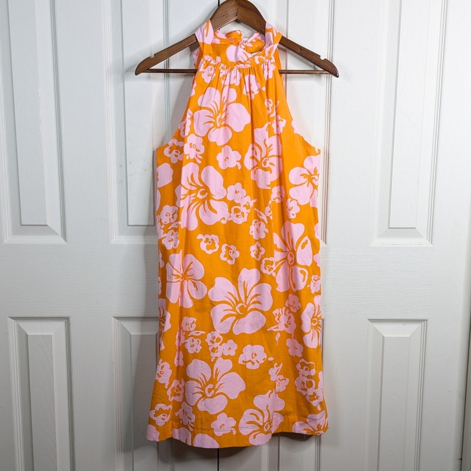 NEW J. Crew Hawaiian Halter Tie Neck Hibiscus Dress 6 Orange Resort Coastal