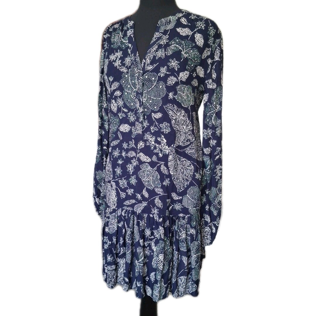 Anthropologie Elyn Navy Bohemian Peasant Longsleeve Tunic Dress S Flouncy NEW