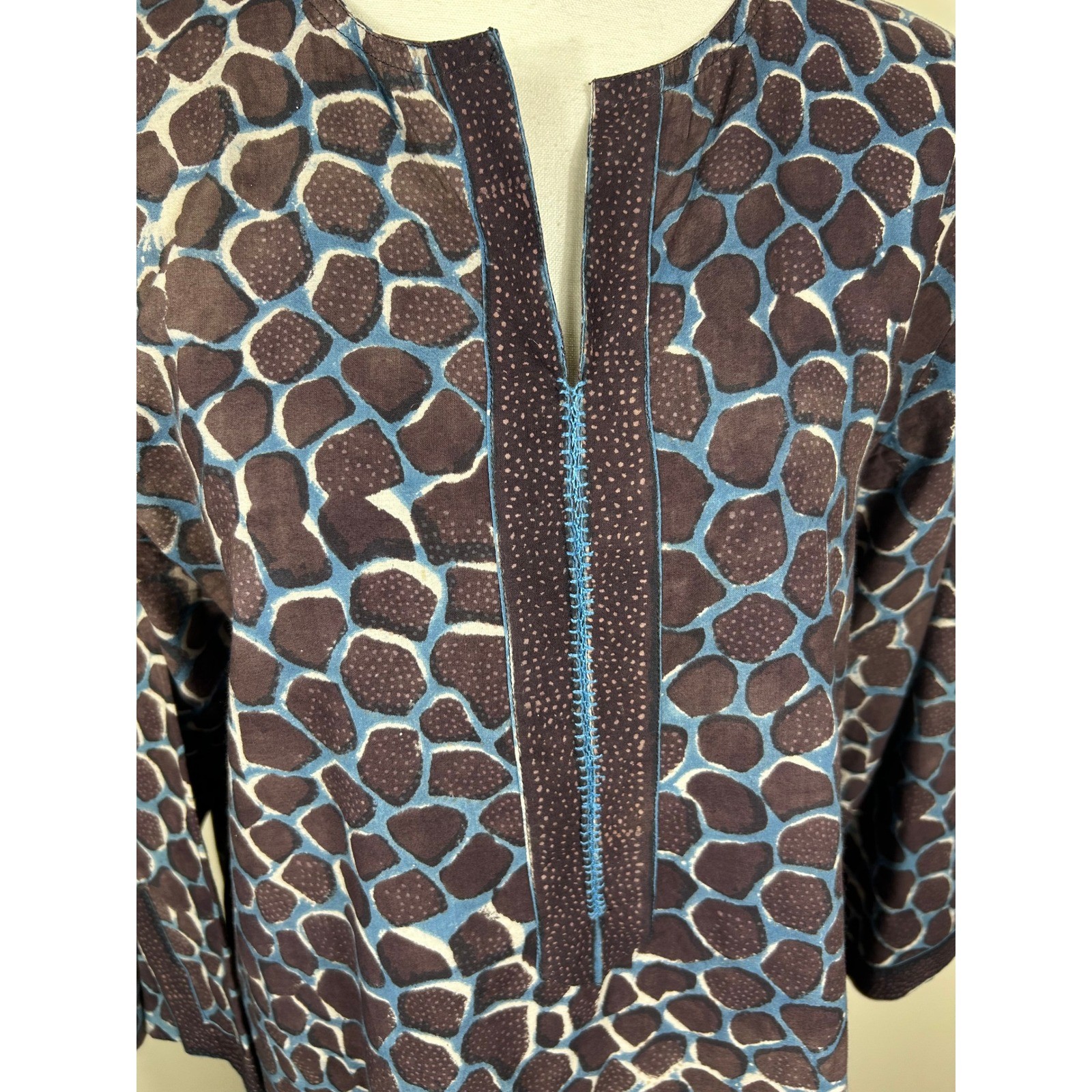 Anokhi Tunic Dress L Indigo Giraffe Block Print Cotton Kurta L/S BOHO Chic Artsy
